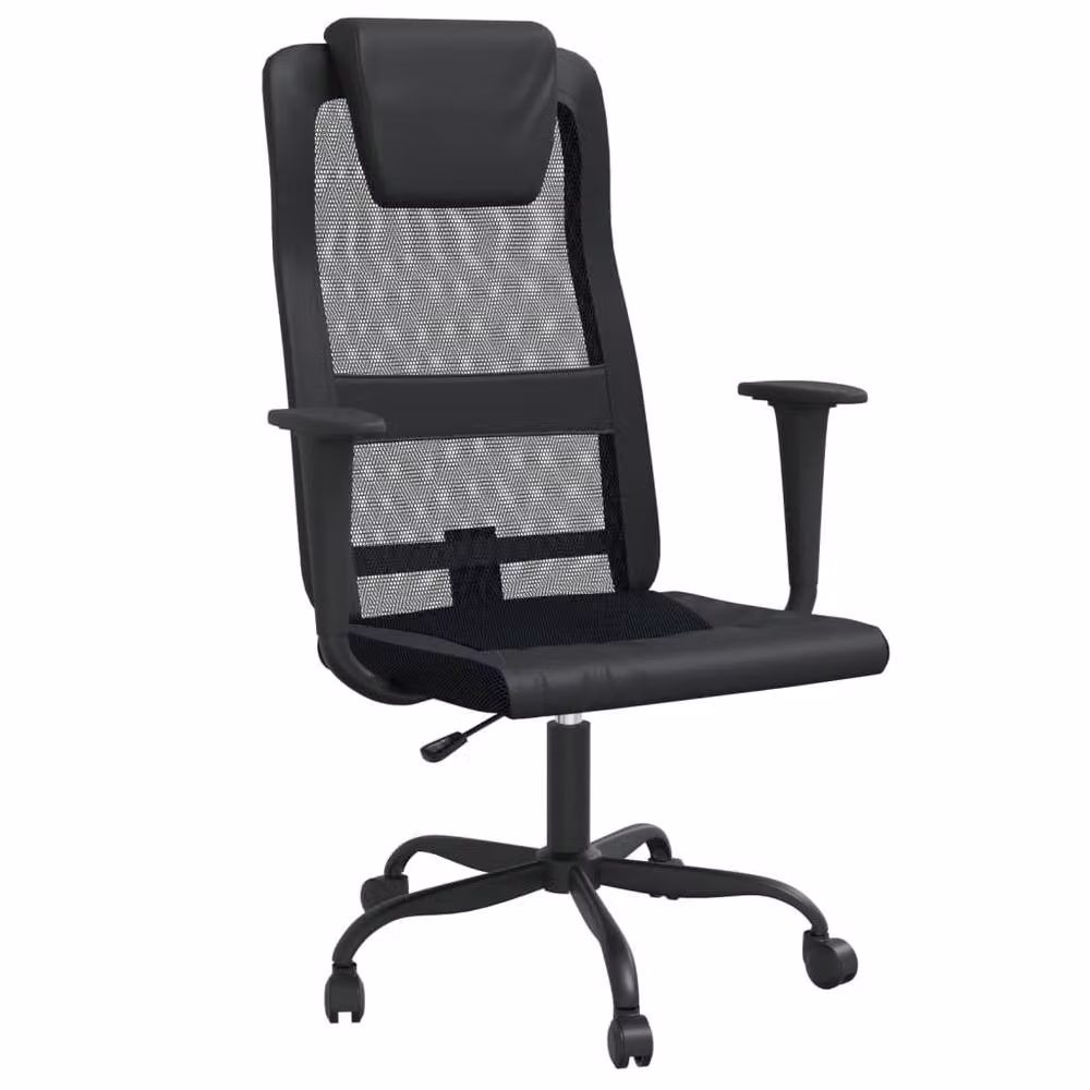 Berkfield Black Mesh Fabric and Faux Leather Swivel Task Chair with Headrest and Armrests – 2