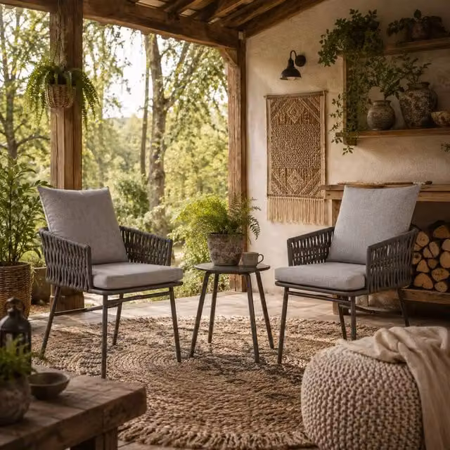 Wyld Haus Grey 3 Piece Rattan Bistro Set with 2 Chairs, Cushions and Glass Table