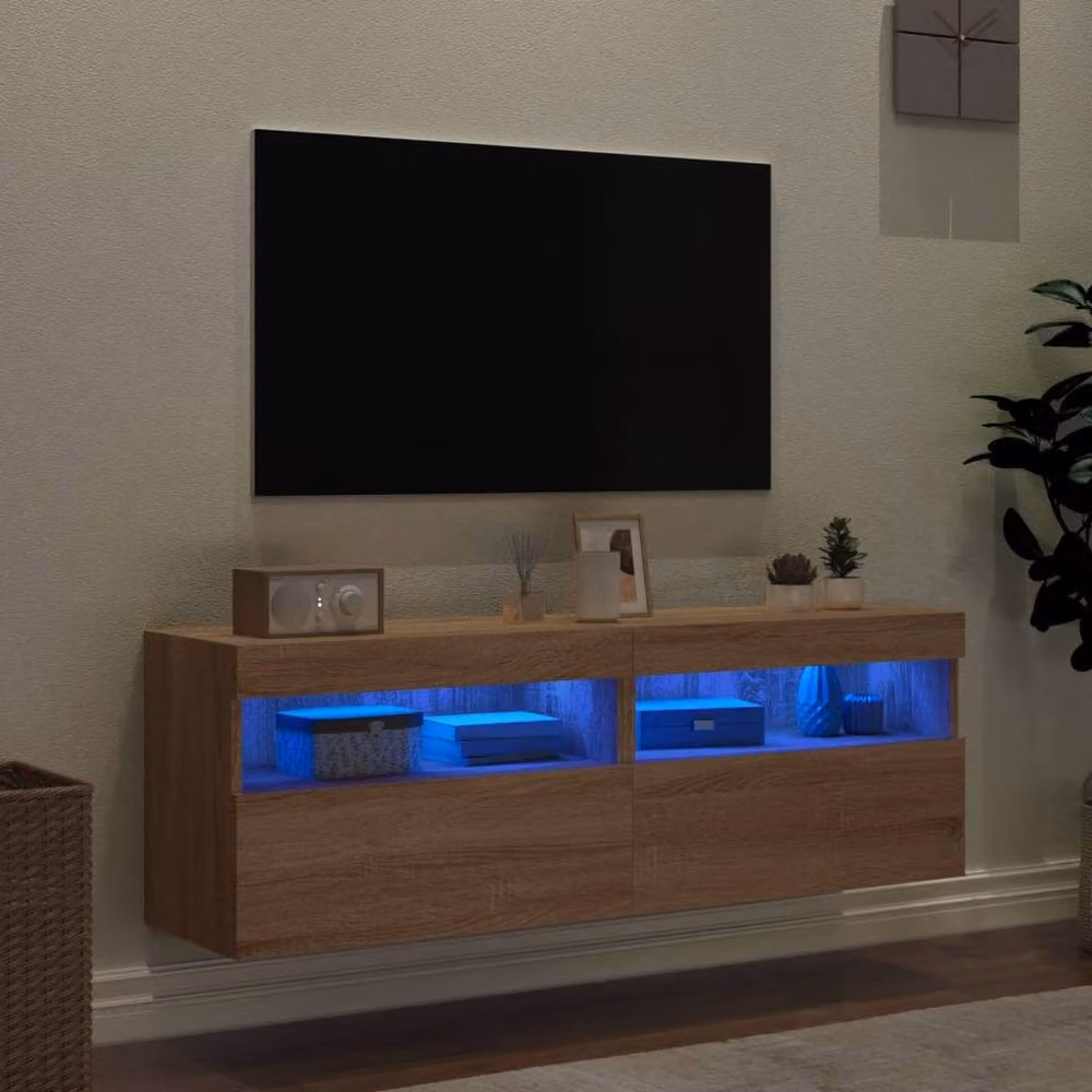 Berkfield Home Set of 2 Modern TV Wall Cabinets with LED Lights in Sonoma Oak and Light Tan, W/D/H: 60 x 30 x 40 cm – 3