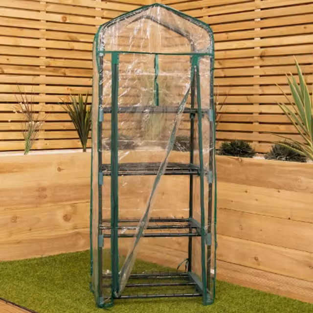 Garden Mile 4 Tier Mini Freestanding Greenhouse Frame with Transparent PVC Cover in Green