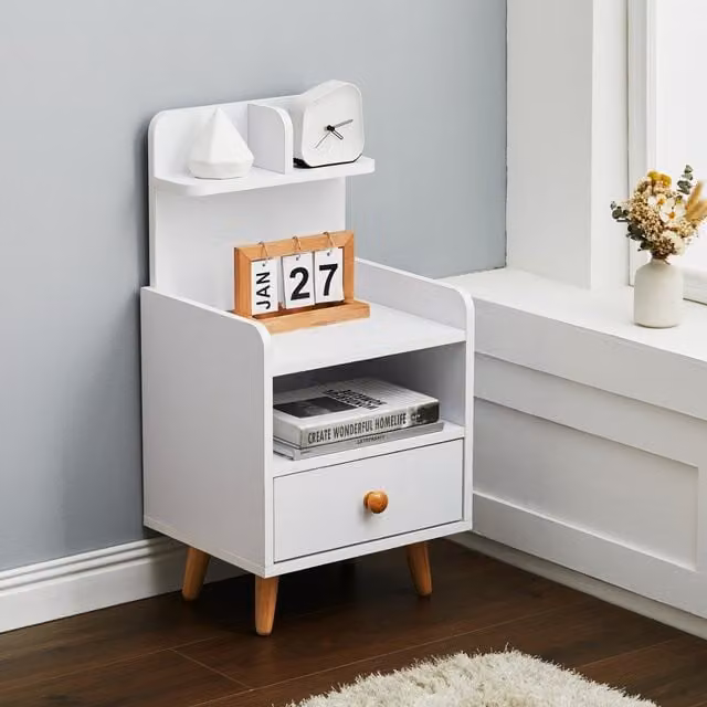 Livingandhome Mid-Century Wooden Bedside Table with Drawer in White, Height: 69 cm