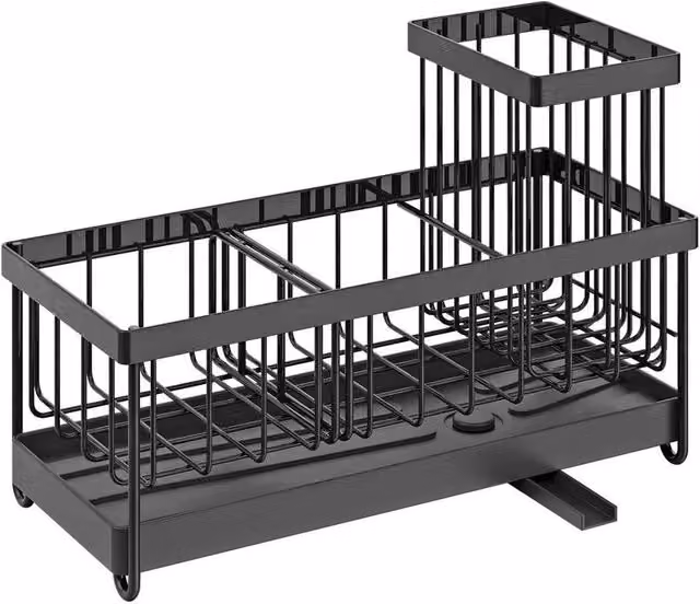 FORGEVIO Black Rectangular Metal Kitchen Sink Caddy with Auto-Draining Tray
