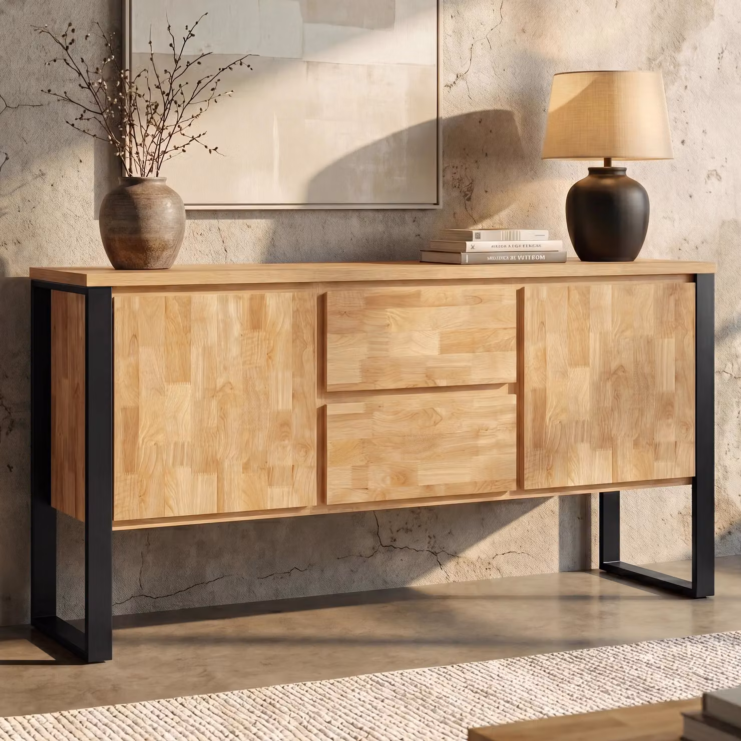 Millwright Industrial Sideboard in Brown and Black with 2 Drawers, W: 150 cm, H: 80 cm, D: 40 cm