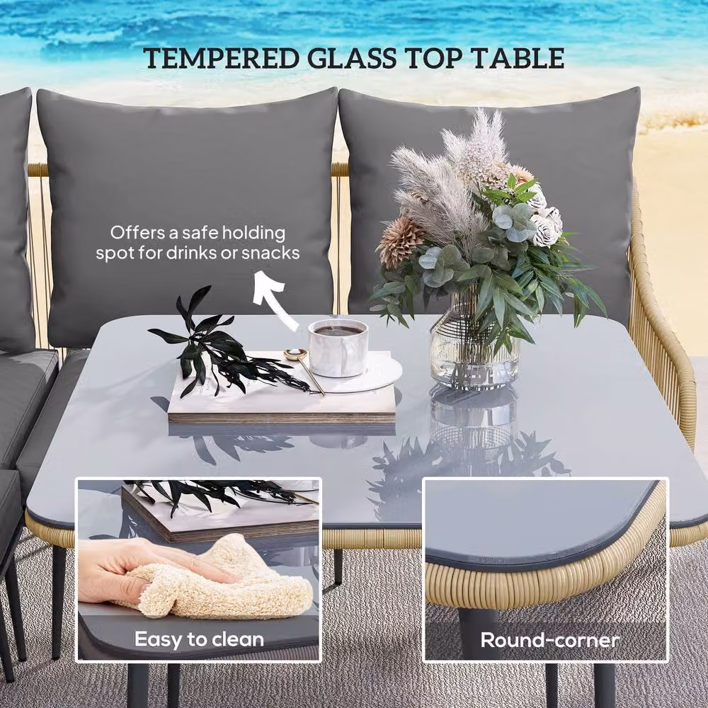 STILVORA 6-Seater Modern Sofa Set with Glass Top Table in Grey and Light Brown – 6