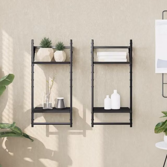 Berkfield Home 2-Tier Wall Mounted Shelves with Bars, 2 Piece Set, Black, W/D/H: 30 x 25 x 65 cm – 1