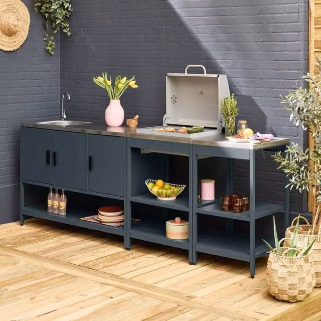 sweeek Outdoor Kitchen with Charcoal Barbecue and 3 Modules with Sink in Grey and Stainless Steel