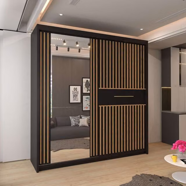 Clothify Single Mirror Sliding Door Wardrobe in Black, W/H: 203 x 217 cm