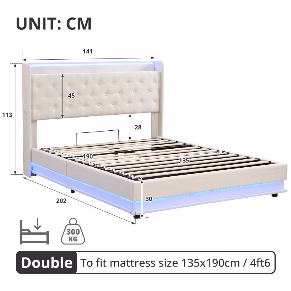 Matteo Double Upholstered Ottoman Bed in Beige with LED Under-Bed Lighting and USB Charging Port, W/D/H: 140 x 200 cm – 5