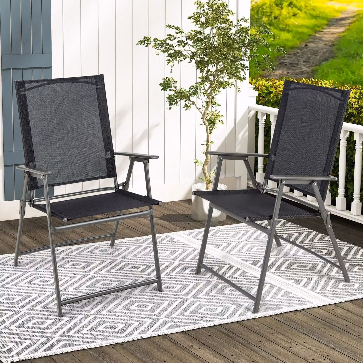 Costway 2 Piece Set of Black Folding Patio Chairs with Armrests and Textilene Fabric – 4