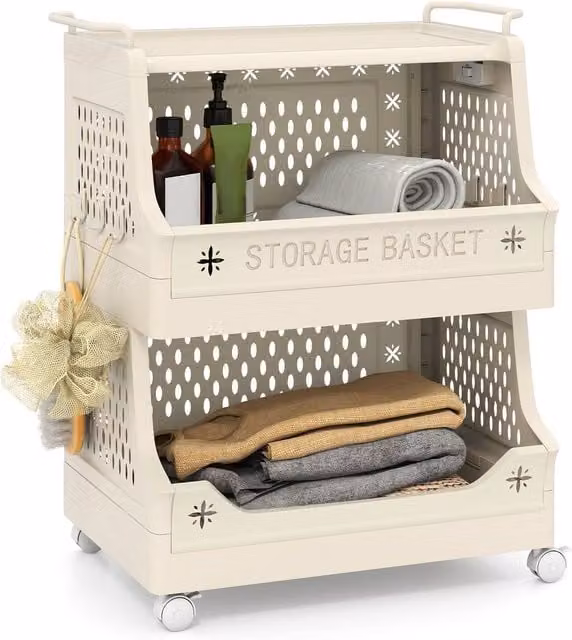 Gymax 3-Tier Stackable Rolling Laundry Basket and Dirty Clothes Organiser Cart with Wheels in Beige – 1