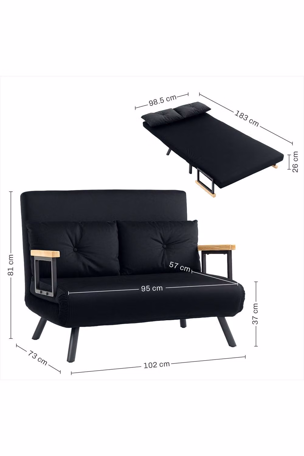 ERGOVEXA 4-in-1 Velvet Click-Clack Double Sofa Bed with Scatter Cushions, Black – 2