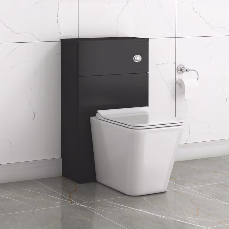 Royal Bathrooms Turin Wall Mounted Matt Black BTW WC Unit with Rimless Ceramic Toilet Seat and Soft Close Lid, Width: 50 cm