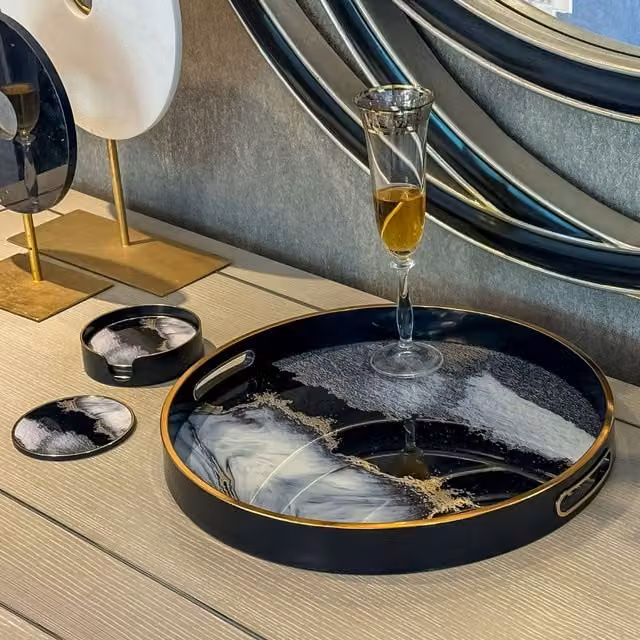 Maison Des Cadeaux Round Black Abstract Scandinavian Drinks and Candle Tray