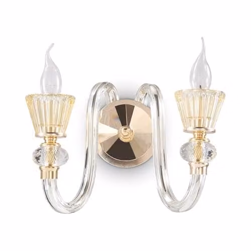 Netlighting Strauss 2-Light Glass and Crystal Wall Light in Gold and Transparent with E14 Base