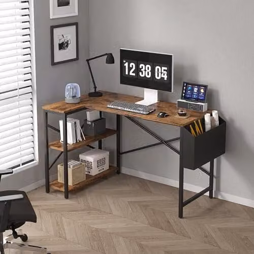 MCC Direct L Shaped Corner Computer Desk with Bookshelf in Brown, 120cm – 1