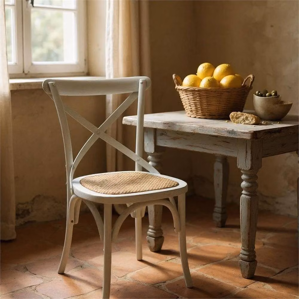 Nordara Grey Cross Back Dining Chair in Rustic Oak with Rattan and Fabric Details – 3
