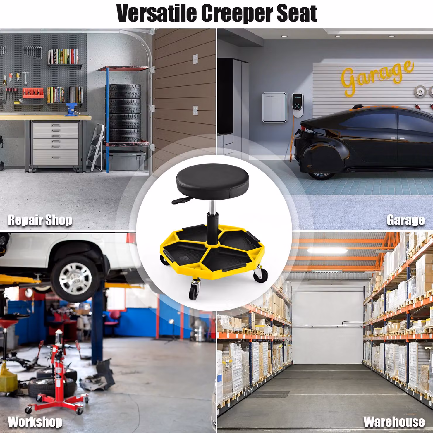 Gymax Yellow Pneumatic Rolling Garage Stool with Padded Seat and Tool Tray, 150 kg Capacity – 6