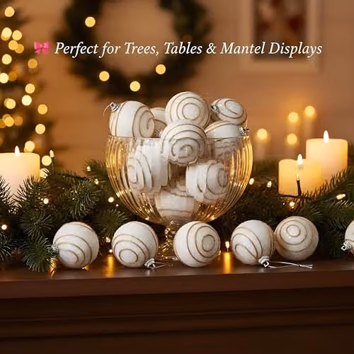Shatchi 12Pcs White Soft Foam Glittered Christmas Bauble Hanging Ornaments, Diameter: 4 cm – 4