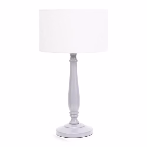ValueLights Traditional Grey Wood Candlestick Table Lamp with White Fabric Drum Shade and LED Bulb, H 45.5 x W 25.5 x D 25.5 cm
