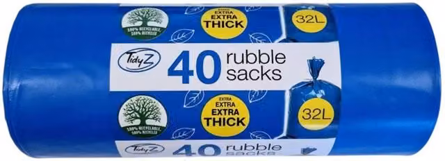 Tidyz Blue Plastic Rubble Sacks, 32L, Pack of 40