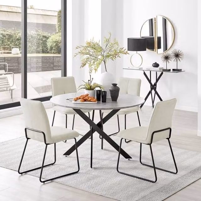 FurnitureboxUK Novara Round Dining Table with 4 Halley Chairs, Grey Concrete Effect and Black Legs, Diameter: 120 cm, Cream Chairs