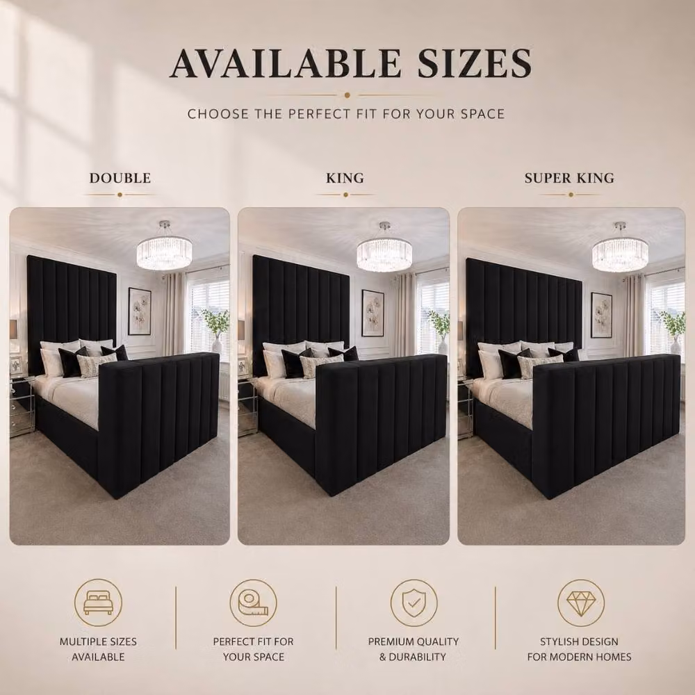 Stratus Interiors Modern Lined Upholstered Panel Bed with Integrated TV Lift in Black, Double W/D/H: 140 x 200 cm – 3