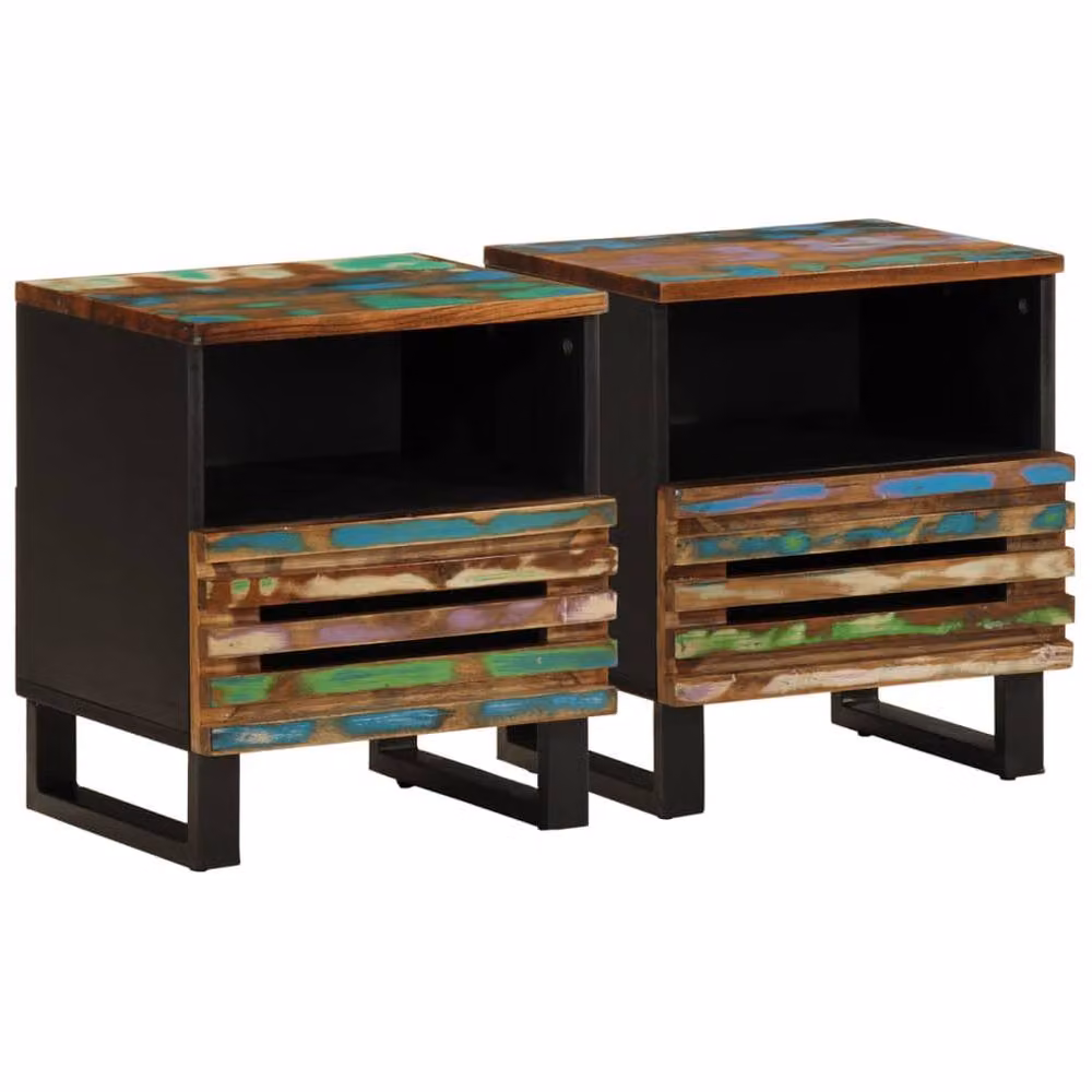 Berkfield Home Set of 2 Decorative Industrial Bedside Cabinets in Black, Solid Reclaimed Wood, W/D/H: 40 x 33 x 46 cm – 2
