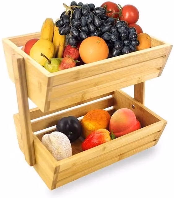 PAWNORA 2 Tier Bamboo Fruit Basket and Bread Storage Stand in Brown, W: 100 cm, D: 15 cm – 1