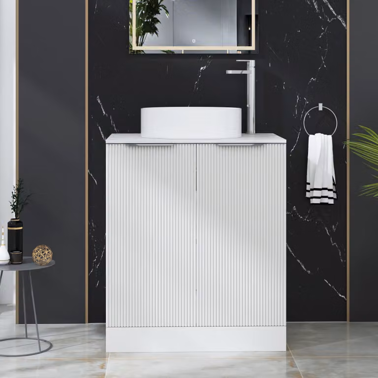 Royal Bathrooms Evora Matt White Fluted Floor Standing 2 Door Vanity Unit with Art Deco Stone Basin W: 70 cm