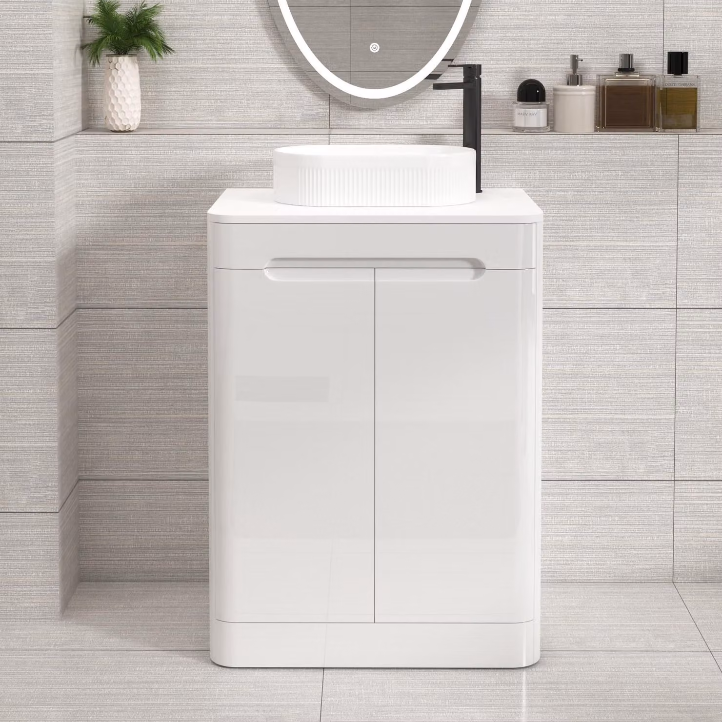 Royal Bathrooms Venice 600mm Gloss White Floor Standing 2 Door Vanity Unit with Lyon Basin and Plain White Worktop