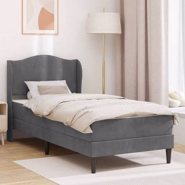 Berkfield Home Upholstered Velvet Bed Frame with Headboard in Grey, W/D/H: 90 x 190 cm – 1