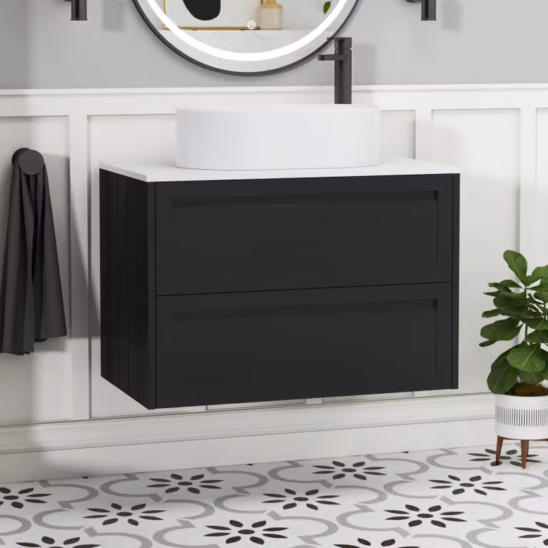 Royal Bathrooms Elmore 800mm Wall Hung Vanity Unit in Matt Nocturne Black with 2 Drawers and Plain White Worktop with Peak Basin