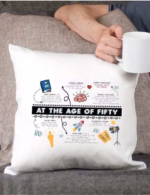 Afewhometruths 50th Birthday Fun Facts Cushion in White, W/D/H: 40 x 40 x 40 cm