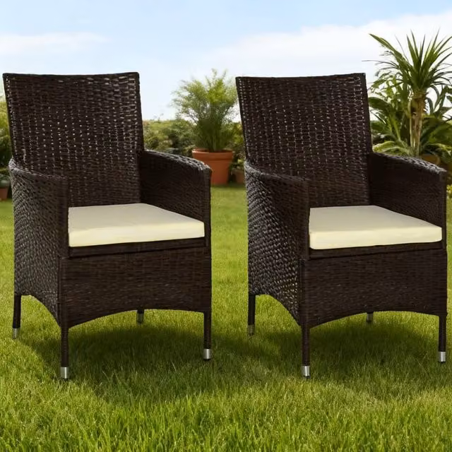 ERGOVEXA Set of 2 Modern Outdoor PE Rattan Dining Chairs with Armrests and Removable Weather-Resistant Cushions, Brown