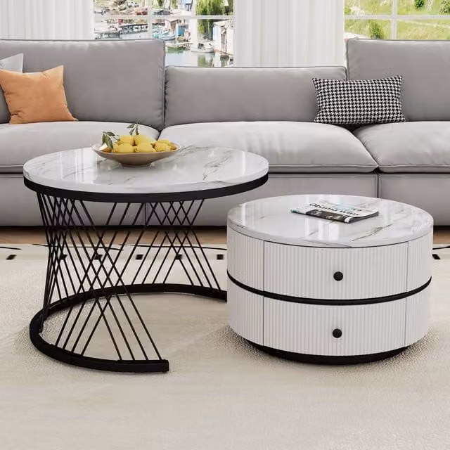 Matteo White and Gold High Gloss Round Nesting Coffee Table with Drawers