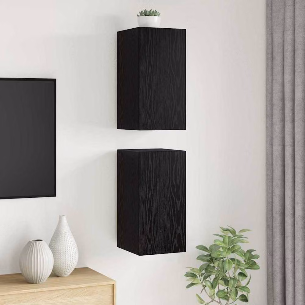Berkfield Home Modern Wall-Mounted 2-Piece TV Unit with Storage and Hinged Doors in Matt Black – 2