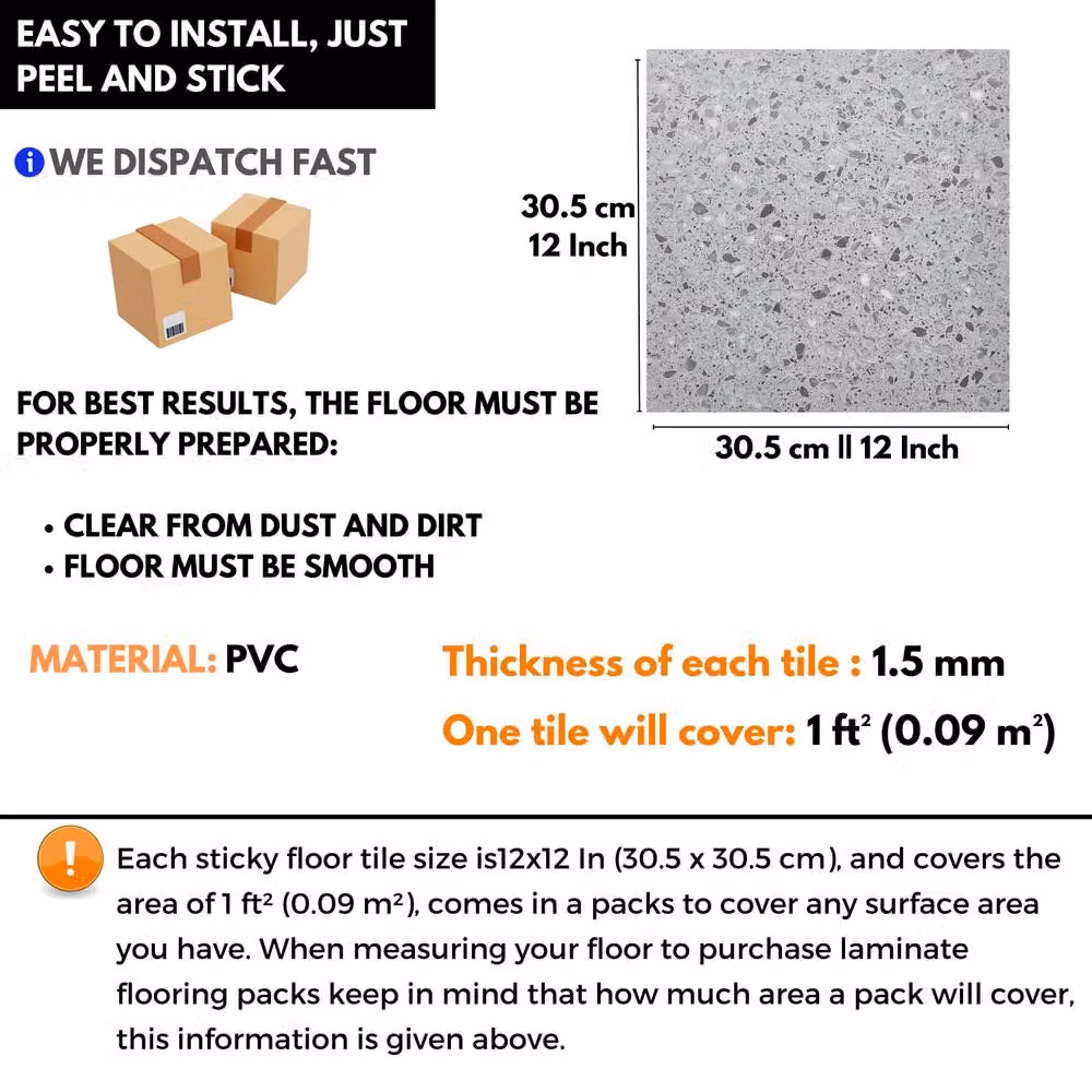 Novecrafto Self Adhesive Marbled Stone Look Vinyl Floor Tiles, Grey, Pack of 10, W/D: 30.5 x 30.5 cm – 2