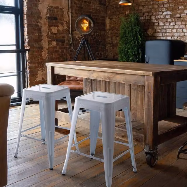 Wyld and Coco Set of 2 White Lacquered Metal Stackable Industrial Bar Stools, Height: 60 cm – 1