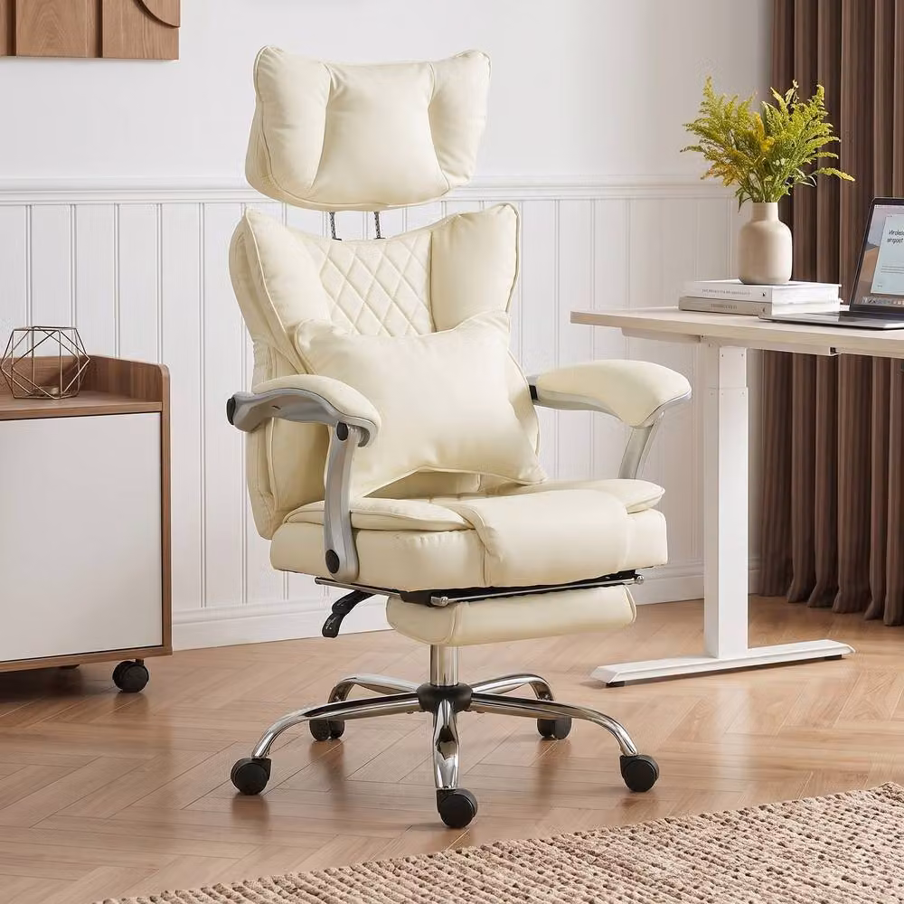 HOMCOM Executive Big and Tall Office Chair in Beige with Synthetic Leather, Headrest and Lumbar Support – 2