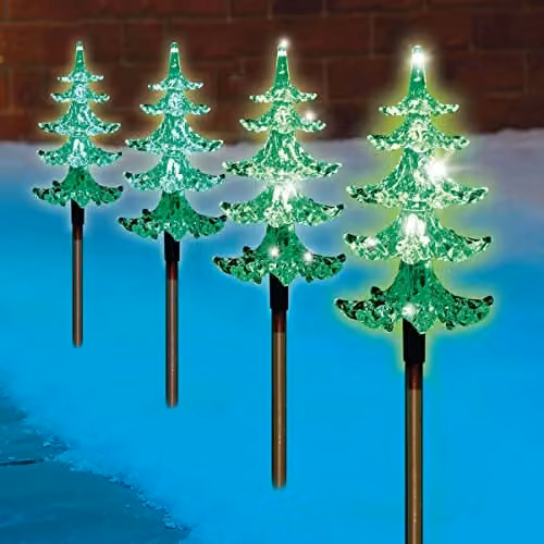 Almineez 4 Pack Crystal Christmas Tree Pre-Lit Green LED Pathway Stake Lights for Indoor and Outdoor Garden Decoration – 1