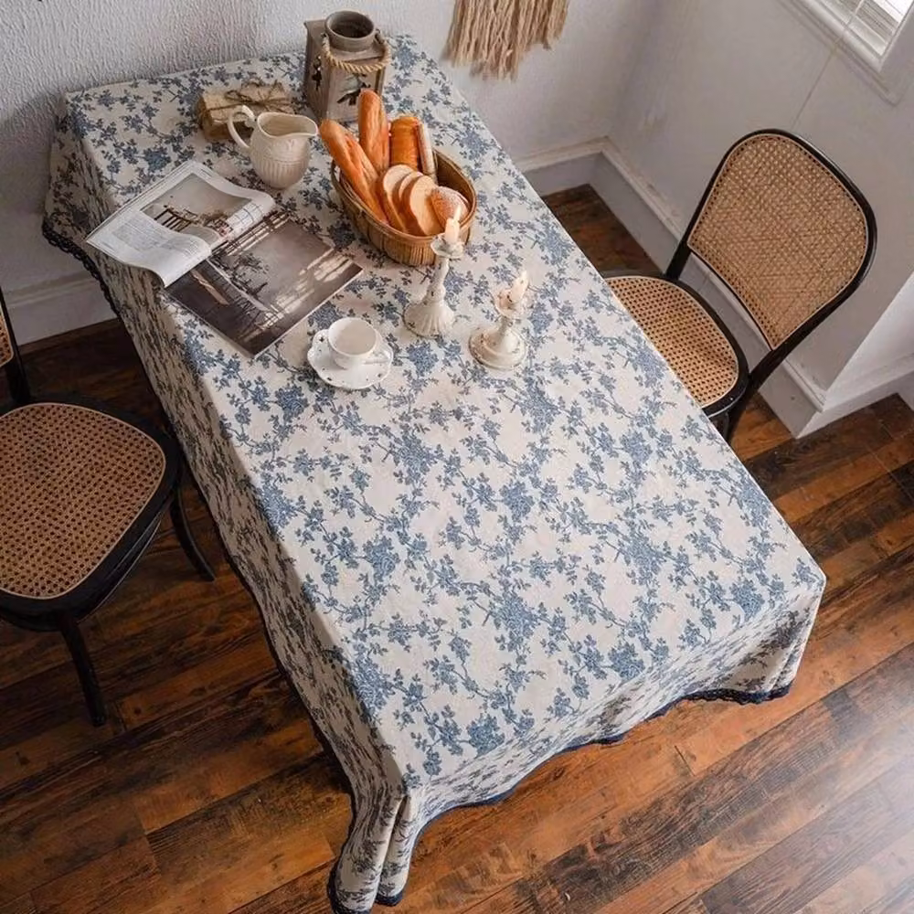 PAWNORA Blue Retro Floral Linen Tablecloth, W: 140 cm, L: 200 cm – 2