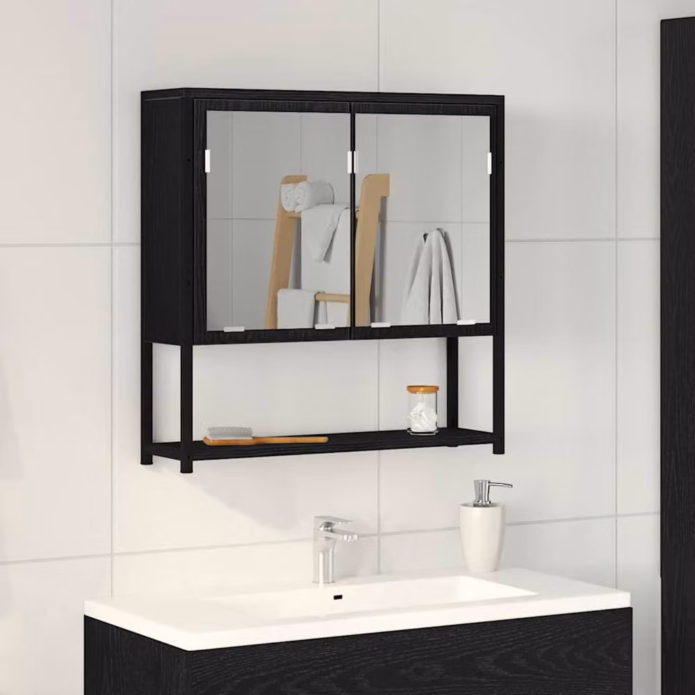 Berkfield Home Modern Black Oak Bathroom Mirror Cabinet with Hinged Doors and Internal Shelves, W: 60 cm, H: 60 cm, D: 16 cm – 2