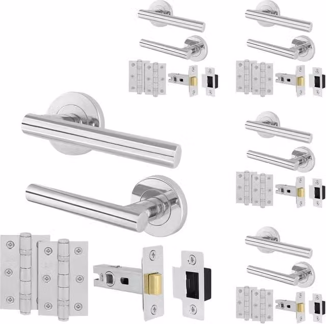 AFIT Chrome T-Bar Door Handles with Round Rose and Latch Hinges, 5 Pack, Silver, Size: 150 x 150 mm – 1