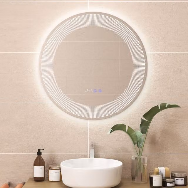 Costway LED Wall-Mounted Round Bathroom Vanity Mirror with 3-Colour Dimmable Touch Lights in Silver
