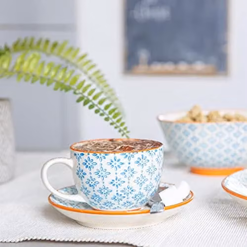 Nicola Spring Blue Floral Hand-Printed Stoneware Cappuccino Cup and Saucer Set, 250ml, Pack of 24 – 2