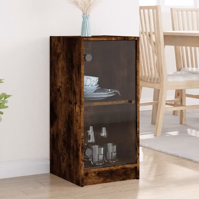 Berkfield Home Side Cabinet with Glass Doors in Smoked Oak Brown, W/D/H: 35 x 37 x 75.5 cm – 1