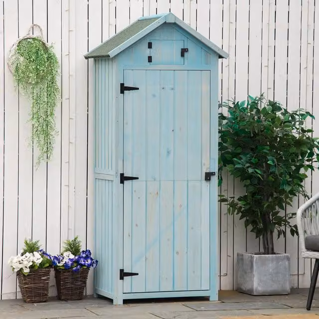 Outsunny Blue Wooden Garden Storage Shed Tall Cabinet with Shelving, W/D/H: 77 x 54 x 179 cm – 1