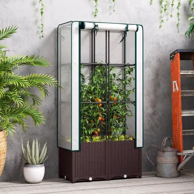 OUTSUNNY Brown Plastic Vegetable Planter Raised Bed with Trellis, W: 80 cm, D: 40 cm, H: 140 cm – 1