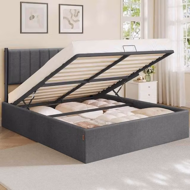The Bazaarist King Ottoman Bed Frame with Lift Up Storage in Grey