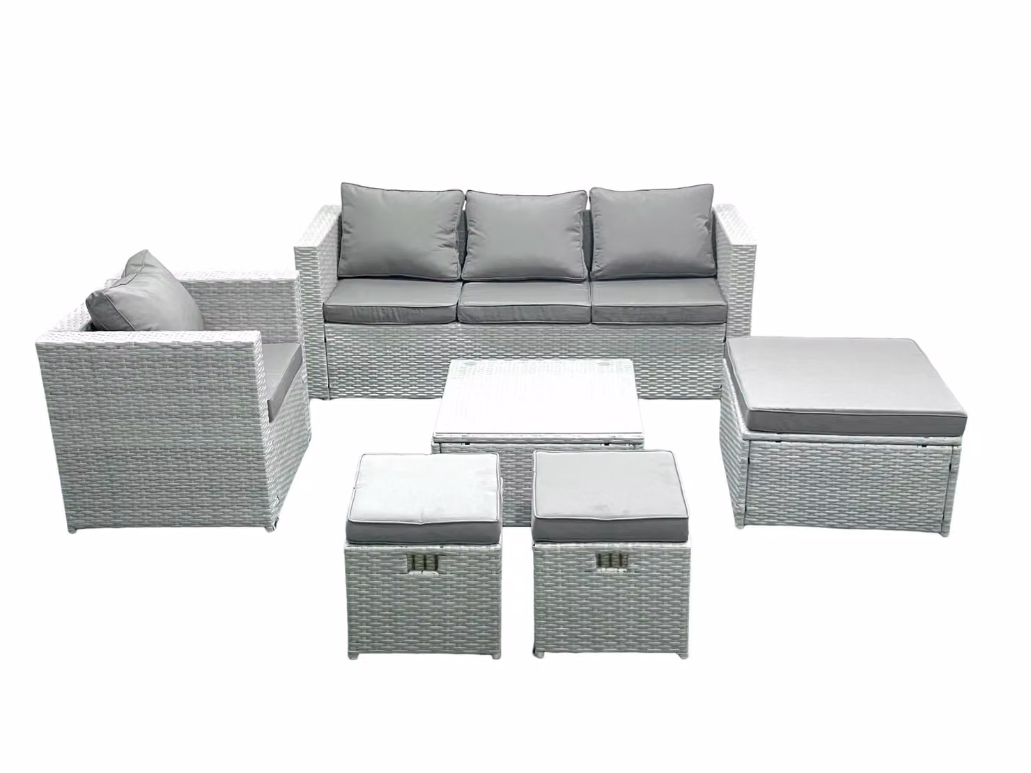 Fimous 6 Seater Rattan Garden Furniture Set in Light Grey with 3 Seater Sofa, Chairs, Square Coffee Table and 3 Footstools – 2